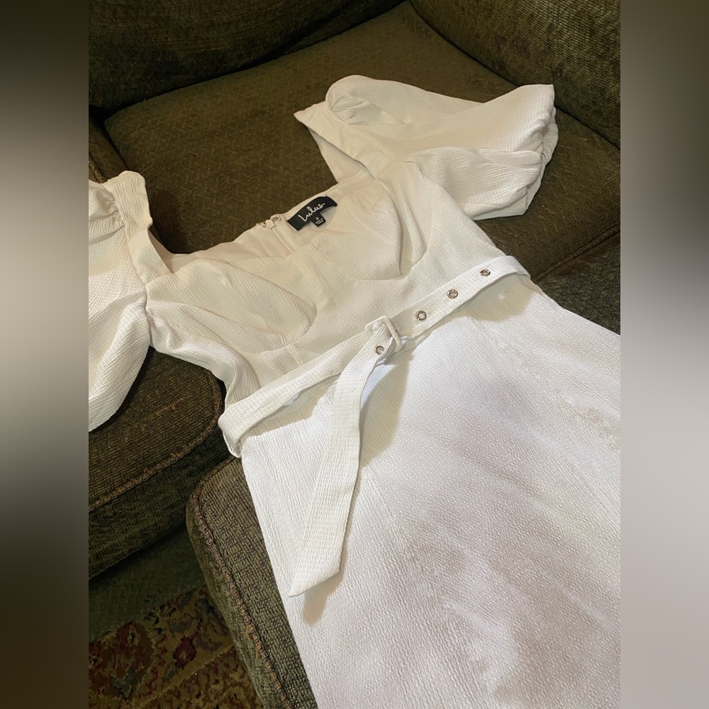 Lulu’s White Puff Sleeve Belted Mini Dress (Sz Small) - Picture 5 of 15